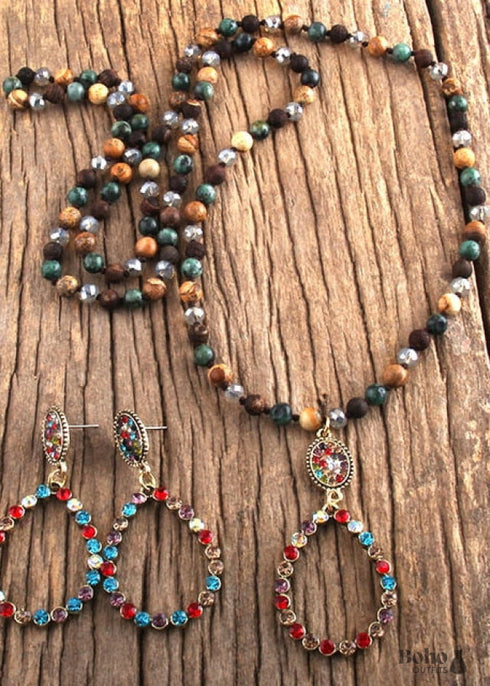 Boho Necklace, Jewelry Set, RH Amazonite Crystal Green Black Natural Stone
